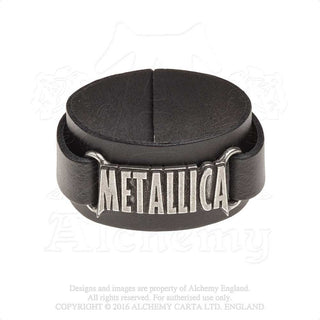 Officially licensed Metallica Logo Leather Wrist Strap by Alchemy, an example of the leather band accessories covered in this care guide