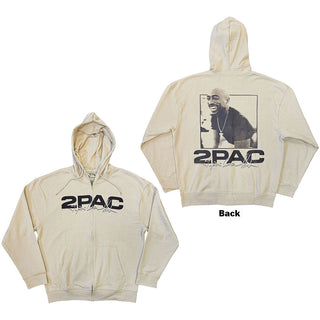 Tupac Zipped Hoodie: Logo & Black Portrait (Sand) (Back Print)