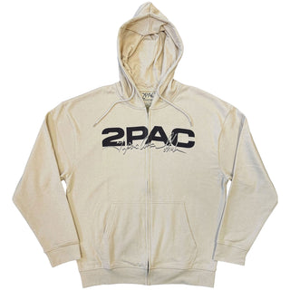Tupac Zipped Hoodie: Logo & Black Portrait (Sand) (Back Print)