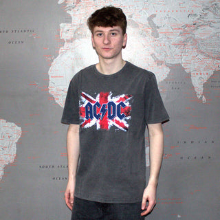 AC/DC Unisex Stone Wash T-Shirt: Flag (Charcoal Grey)