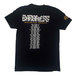 Baroness Unisex T-Shirt: Gold & Grey Date back (Black) (Back Print & Ex-Tour)