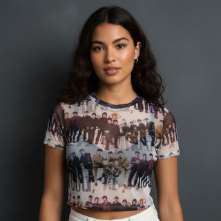 The Beatles Ladies Long Sleeve Mesh Crop Top: Anthology Group Repeat (White) (All Round)