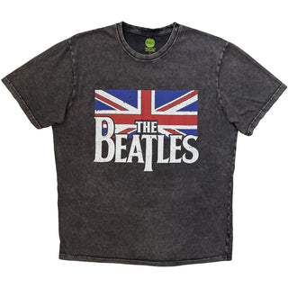 The Beatles Stone Wash T-Shirt: Drop T Logo & Vintage Flag (Charcoal Grey)