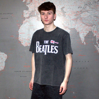 The Beatles Unisex Stone Wash T-Shirt: Guitar & Drop T (Charcoal Grey)