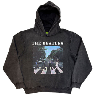 The Beatles Stone Wash Pullover Hoodie: Abbey Road & Logo (Charcoal Grey)