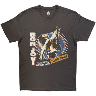 Bon Jovi T-Shirt: Slippery When Wet Tour '86-'87 (Charcoal Grey) (Back Print)