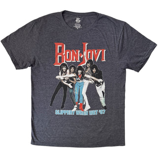 Bon Jovi T-Shirt: Slippery When Wet '87 (Denim Blue) (Back Print)