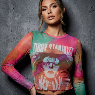 David Bowie Ladies Long Sleeve T-Shirt: Ziggy v2 (Mesh)