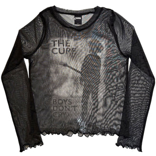 The Cure Ladies Long Sleeve Mesh Crop Top: Boys Don’t Cry B&W (Black)