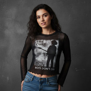 The Cure Ladies Long Sleeve Mesh Crop Top: Boys Don’t Cry B&W (Black)