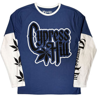 Cypress Hill Layered Long Sleeve T-Shirt: Leaf & Logo (Denim Blue & White) (Sleeve Print)