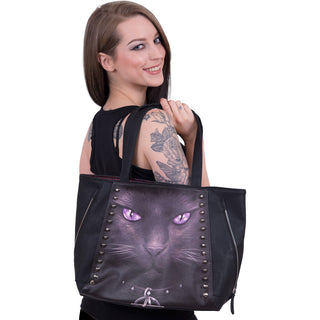 Spiral PU Leather Tote Bag: Black Cat (Black)