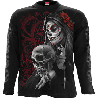 Spiral Long Sleeve T-Shirt: Love Is Dead (Black) (Back & Sleeve Print)