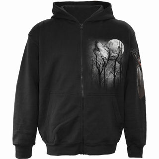 Spiral Zipped Hoodie: Forest Wolf (Black) (Back & Sleeve Print)