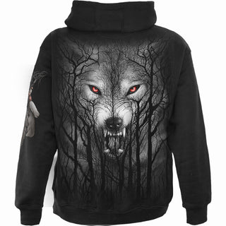 Spiral Zipped Hoodie: Forest Wolf (Black) (Back & Sleeve Print)