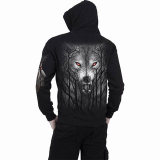 Spiral Zipped Hoodie: Forest Wolf (Black) (Back & Sleeve Print)