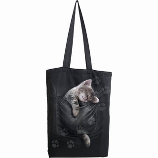 Spiral Cotton Tote Bag: Pocket Kitten (Black)
