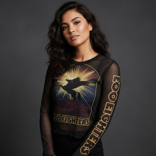 Foo Fighters Ladies Long Sleeve Mesh Crop Top: Pegasus (Black)