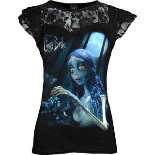 Corpse Bride Ladies Lace Layered Cap Sleeve Top: Glow In The Dark (Black)