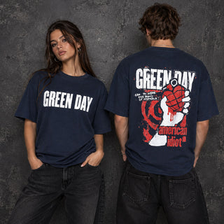 Green Day Unplugged T-Shirt: American Idiot Grenade (Navy Blue) (Back Print)