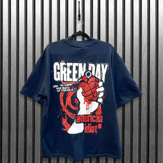 Green Day Unplugged T-Shirt: American Idiot Grenade (Navy Blue) (Back Print)