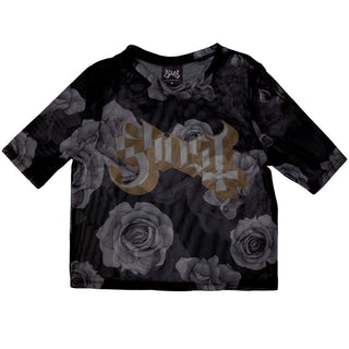 Ghost Ladies Crop Top: Logo & Roses (Mesh)