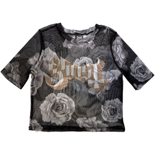 Ghost Ladies Crop Top: Logo & Roses (Mesh)