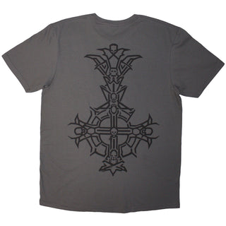 Ghost T-Shirt: Chrome Logo & Grucifix Outline (Charcoal Grey) (Back Print)