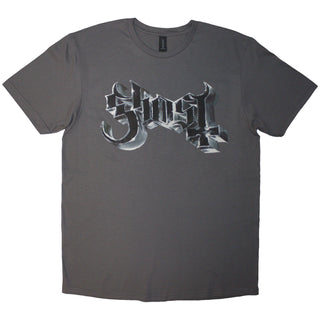 Ghost T-Shirt: Chrome Logo & Grucifix Outline (Charcoal Grey) (Back Print)