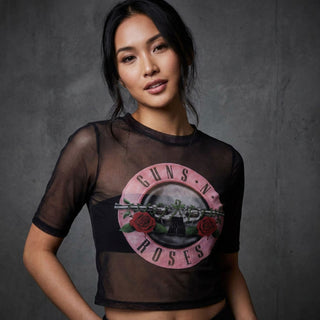 Guns N' Roses Ladies Crop Top: Pink Tint Bullet Logo (Mesh)