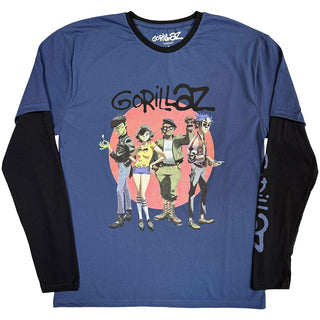 Gorillaz Layered Long Sleeve T-Shirt: Group Circle Rise (Denim Blue & Black) (Sleeve Print)