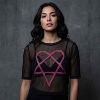 HIM Ladies Mesh Crop Top: Pink Heartagram (Black)