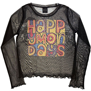 Happy Mondays Ladies Long Sleeve Mesh Crop Top: Greatest Hits (Black)