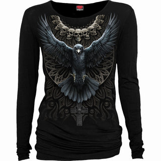 Spiral Ladies Long Sleeve Baggy T-Shirt: Raven Skull (Black)