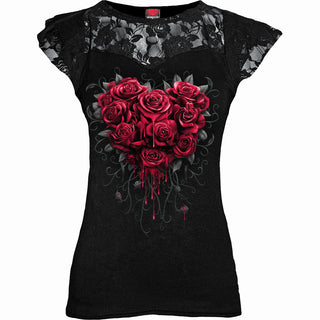 Spiral Ladies Lace Layered Cap Sleeve Top: Bleeding Heart (Black)