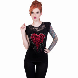 Spiral Ladies Lace Layered Cap Sleeve Top: Bleeding Heart (Black)