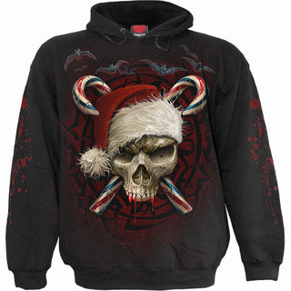 Spiral Pullover Hoodie: Candy Cane Santa (Black) (Back & Sleeve Print)