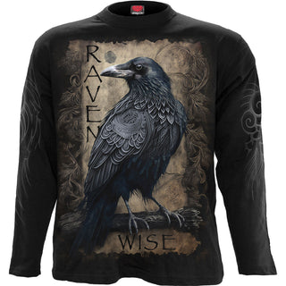 Spiral Long Sleeve T-Shirt: Raven Wise (Black) (Back & Sleeve Print)