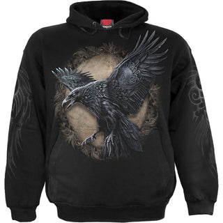 Spiral Pullover Hoodie: Raven Wise (Black) (Back & Sleeve Print)