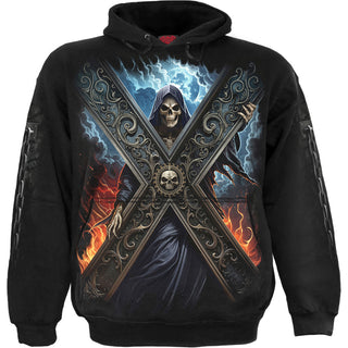 Spiral Pullover Hoodie: Crossed Over (Black) (Back & Sleeve Print)