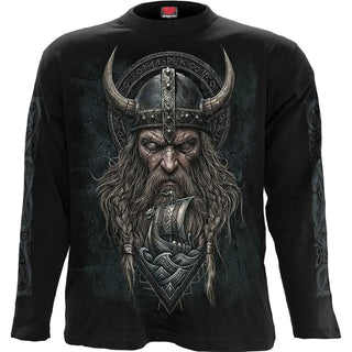 Spiral Long Sleeve T-Shirt: Viking Norseman (Black) (Back & Sleeve Print)