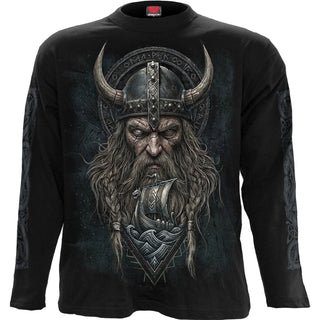 Spiral Long Sleeve T-Shirt: Viking Norseman (Black) (Back & Sleeve Print)