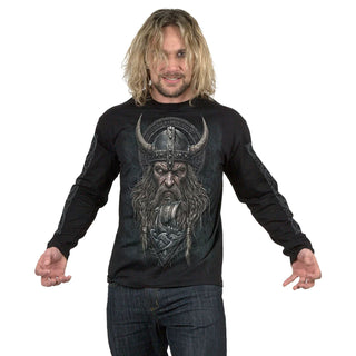 Spiral Long Sleeve T-Shirt: Viking Norseman (Black) (Back & Sleeve Print)