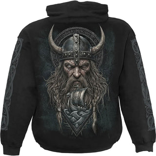 Spiral Pullover Hoodie: Viking Norseman (Black) (Back & Sleeve Print)