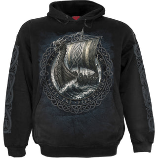 Spiral Pullover Hoodie: Viking Norseman (Black) (Back & Sleeve Print)