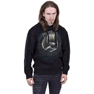 Spiral Pullover Hoodie: Viking Norseman (Black) (Back & Sleeve Print)