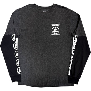 Linkin Park 2 In 1 Layered Long Sleeve T-Shirt: Unshatter (Charcoal Grey & Black) (Back Print & Sleeve Print)