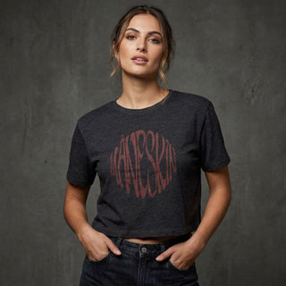 Maneskin Ladies Crop Top: Warped Logo (Charcoal Grey) (Ex-Tour)