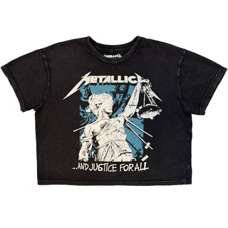 Metallica Ladies Stone Wash Crop Top: Justice Squares (Charcoal Grey)