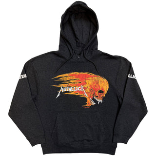 Metallica Pullover Hoodie: Worn Pushead Flaming Skull (Charcoal Grey) (Back Print)